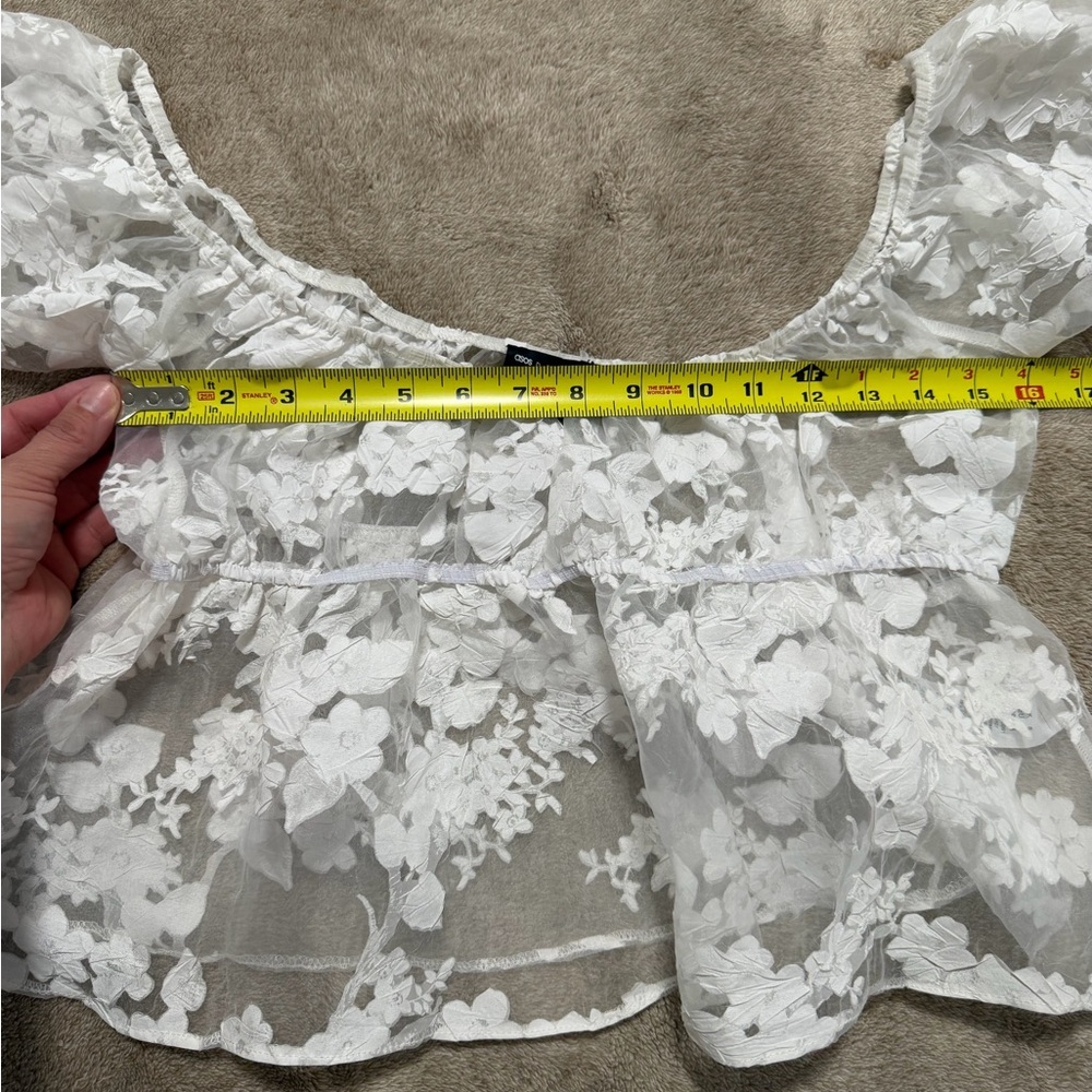 ASOS DESIGN sheer floral jacquard baby doll top in white, Size 4 - Picture 8 of 9